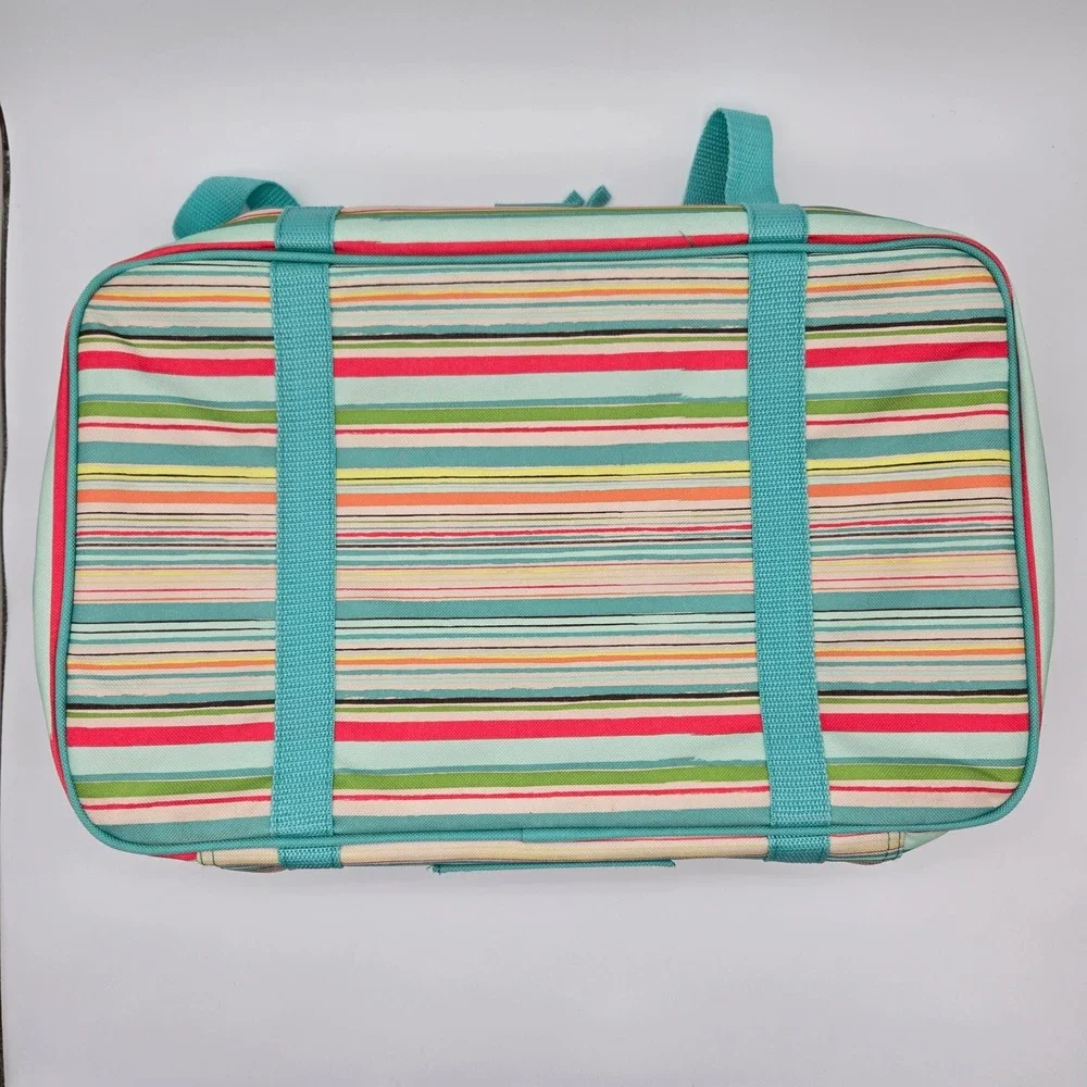 Thirty-One Perfect Party Set Teal Striped Insulated Expandable Picnic Carrier